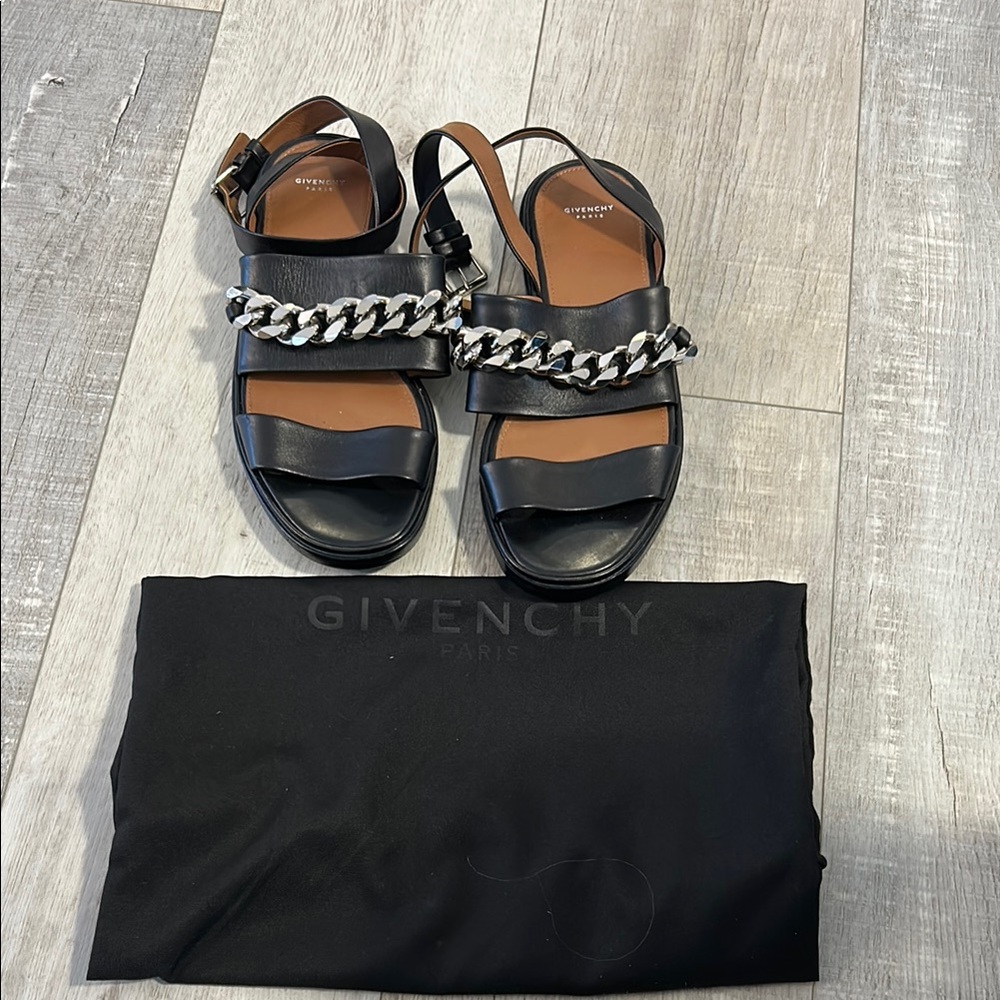 Givenchy Black Sandals with Silver Chain Accent